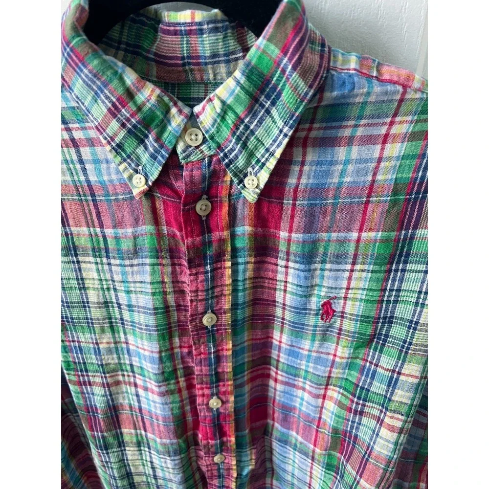Ralph Lauren Sport Boys Youth Size 14 Plaid Linen Button Front Long Sleeve Shirt